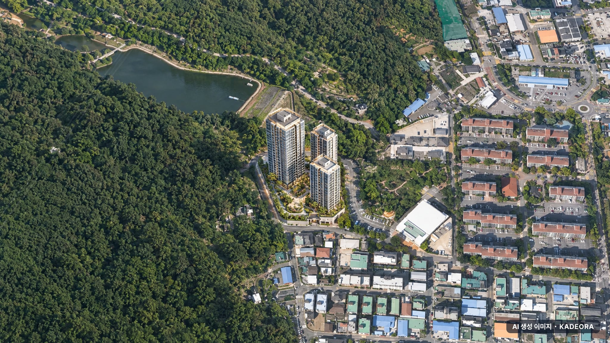 기장 이진캐스빌 포레 주간 항공 상상도 · AI 생성 이미지로 실제와 다를 수 있음 기장 이진캐스빌 포레 단지 전경 AI 상상도(주간 항공) — 부산 기장군 착공 138세대
