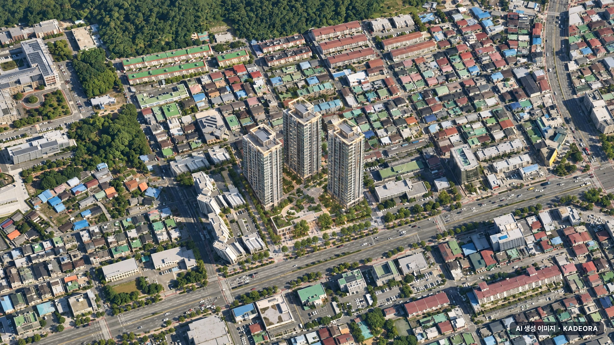 전주 인후동 마루힐 센트럴 주간 항공 상상도 · AI 생성 이미지로 실제와 다를 수 있음 전주 인후동 마루힐 센트럴 단지 전경 AI 상상도(주간 항공) — 전북 전주시 착공 199세대