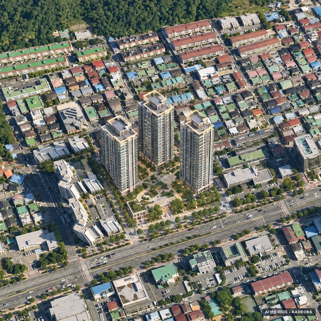 전주 인후동 마루힐 센트럴 주간 항공 상상도 · AI 생성 이미지로 실제와 다를 수 있음 전주 인후동 마루힐 센트럴 단지 전경 AI 상상도(주간 항공) — 전북 전주시 착공 199세대