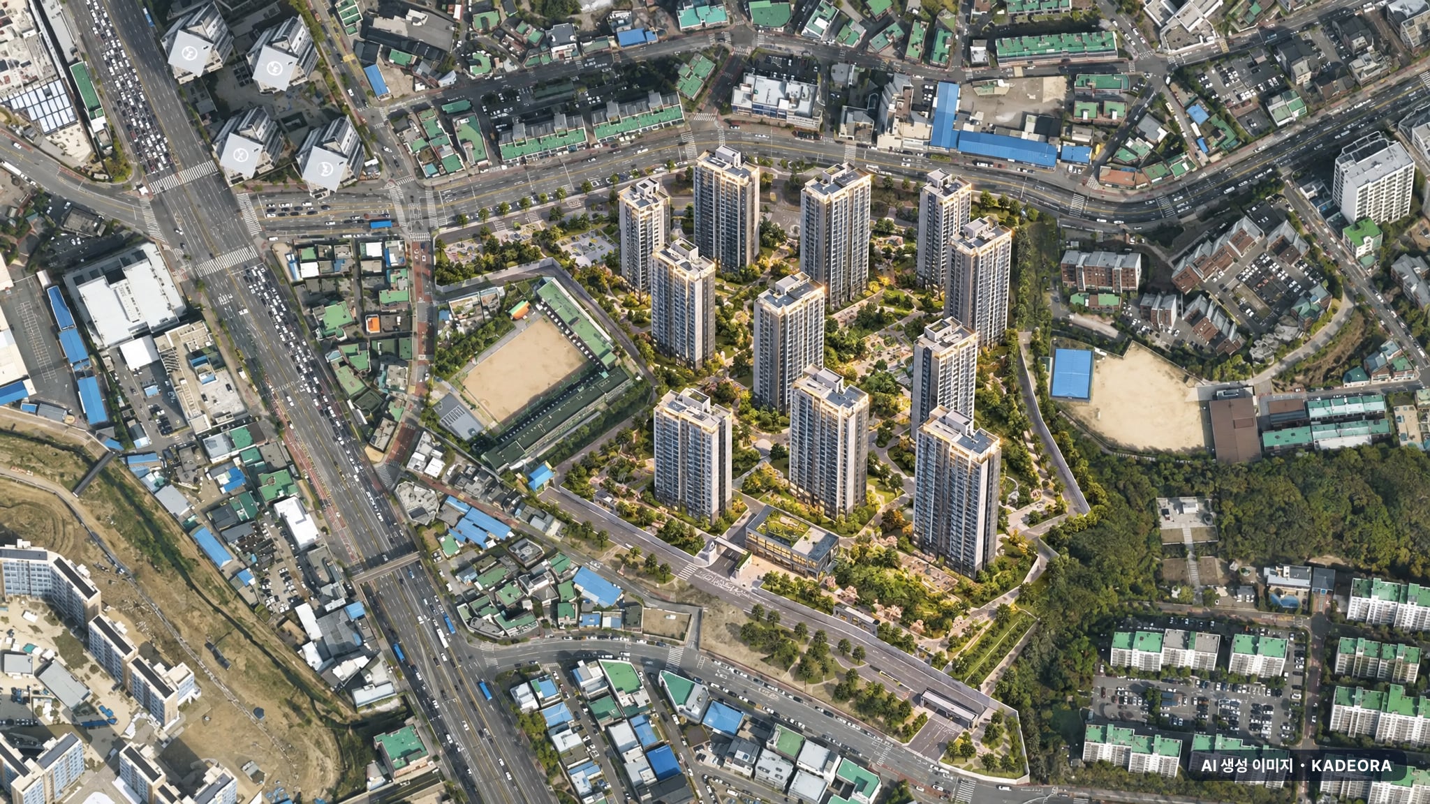 의왕시청역 SK VIEW IPARK 단지 전경 AI 상상도(주간 항공) — 경기 의왕시 착공 958세대