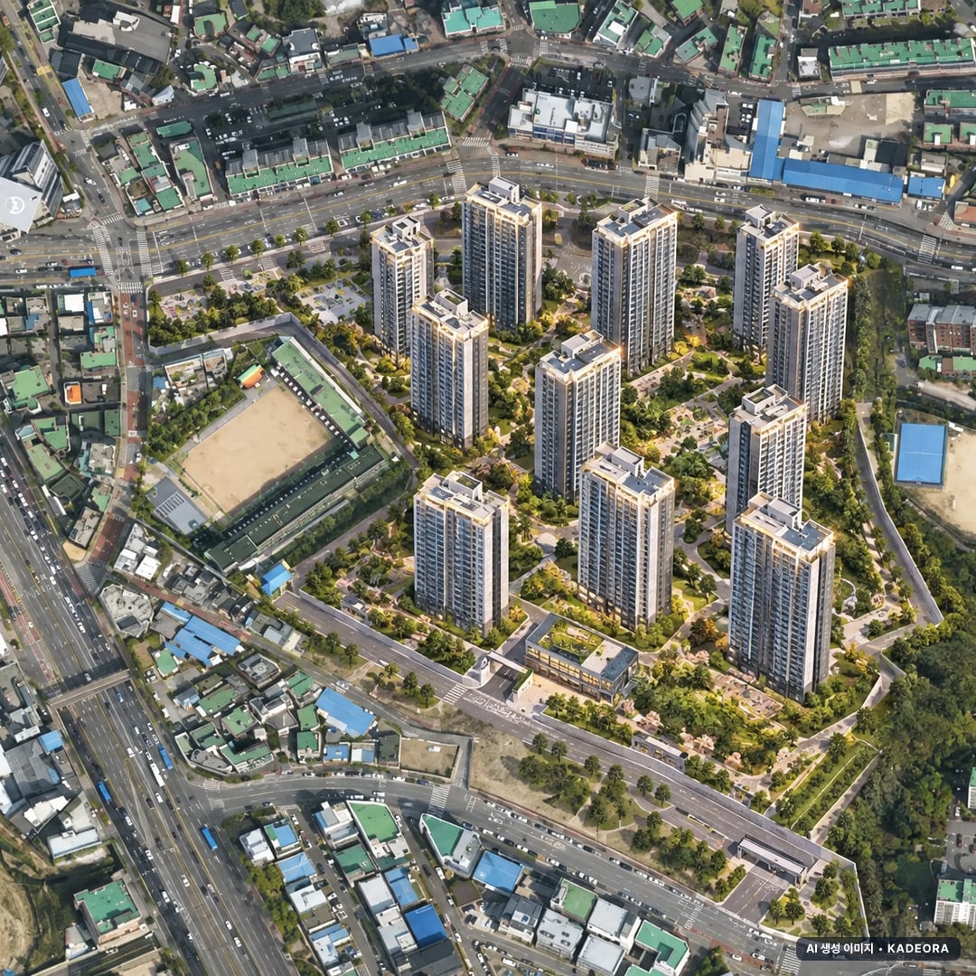 의왕시청역 SK VIEW IPARK 조감도 AI 상상도(주간 항공) — 경기 의왕시 착공 958세대