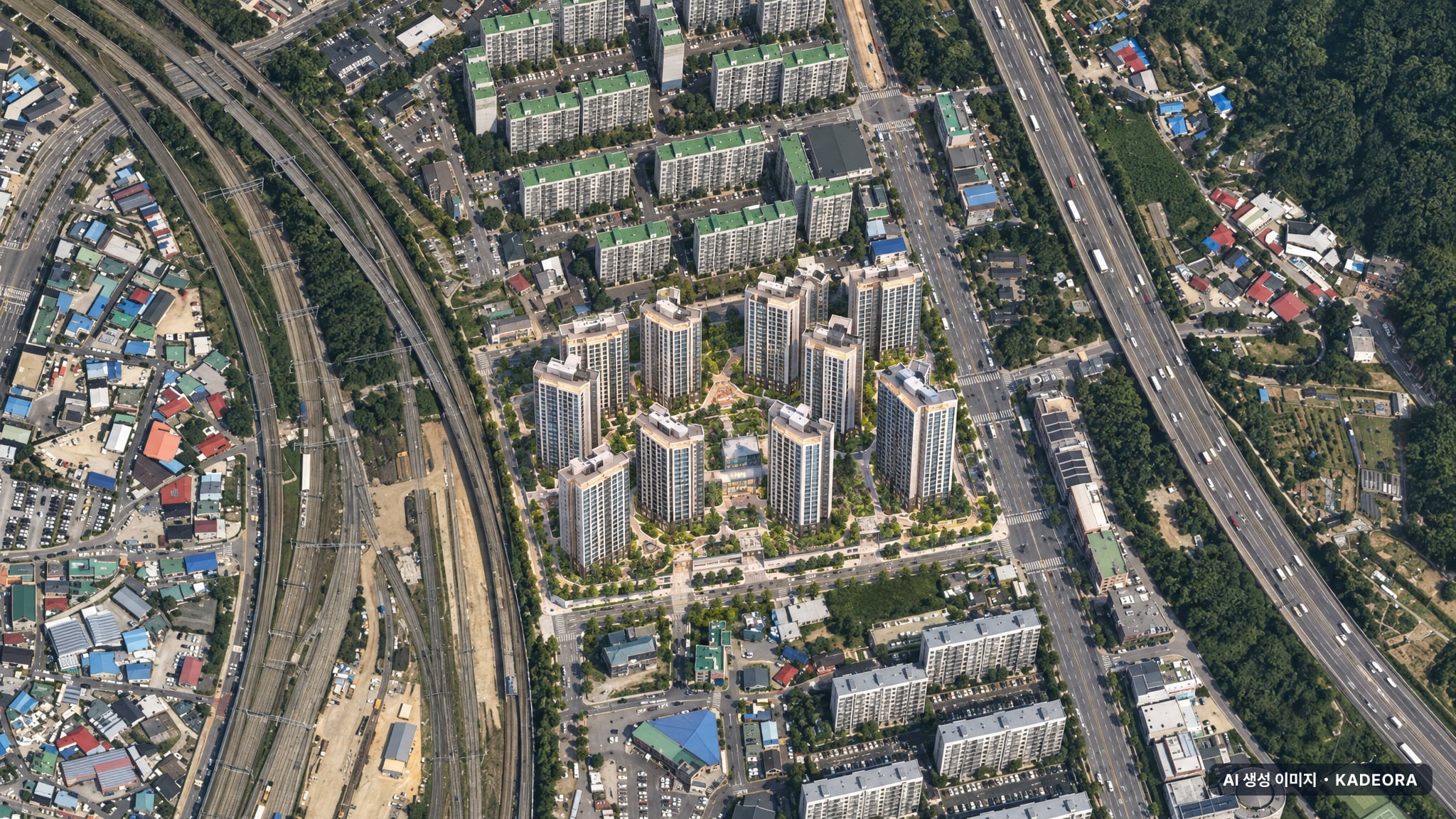 쌍용 더 플래티넘 네이처 주간 항공 상상도 · AI 생성 이미지로 실제와 다를 수 있음 쌍용 더 플래티넘 네이처 단지 전경 AI 상상도(주간 항공) — 대전 대덕구 착공 334세대