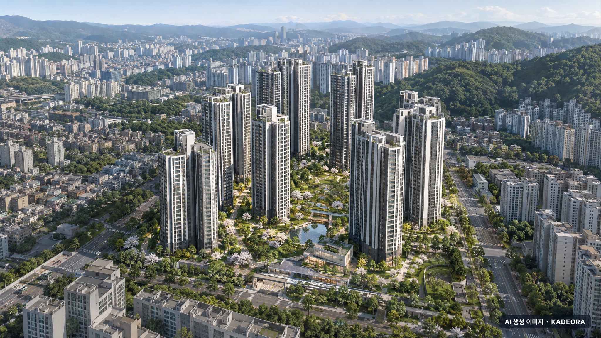 부산 사상구 주례3 재개발 단지 전경 AI 상상도(주간 항공) — 사상구 1,062세대