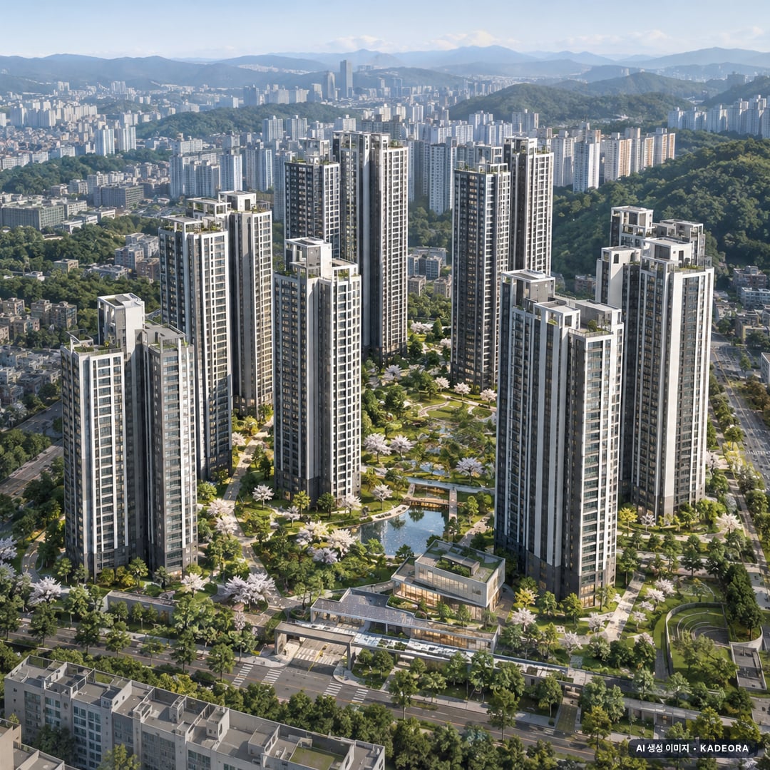 부산 사상구 주례3 재개발 단지 전경 AI 상상도(주간 항공) — 사상구 1,062세대