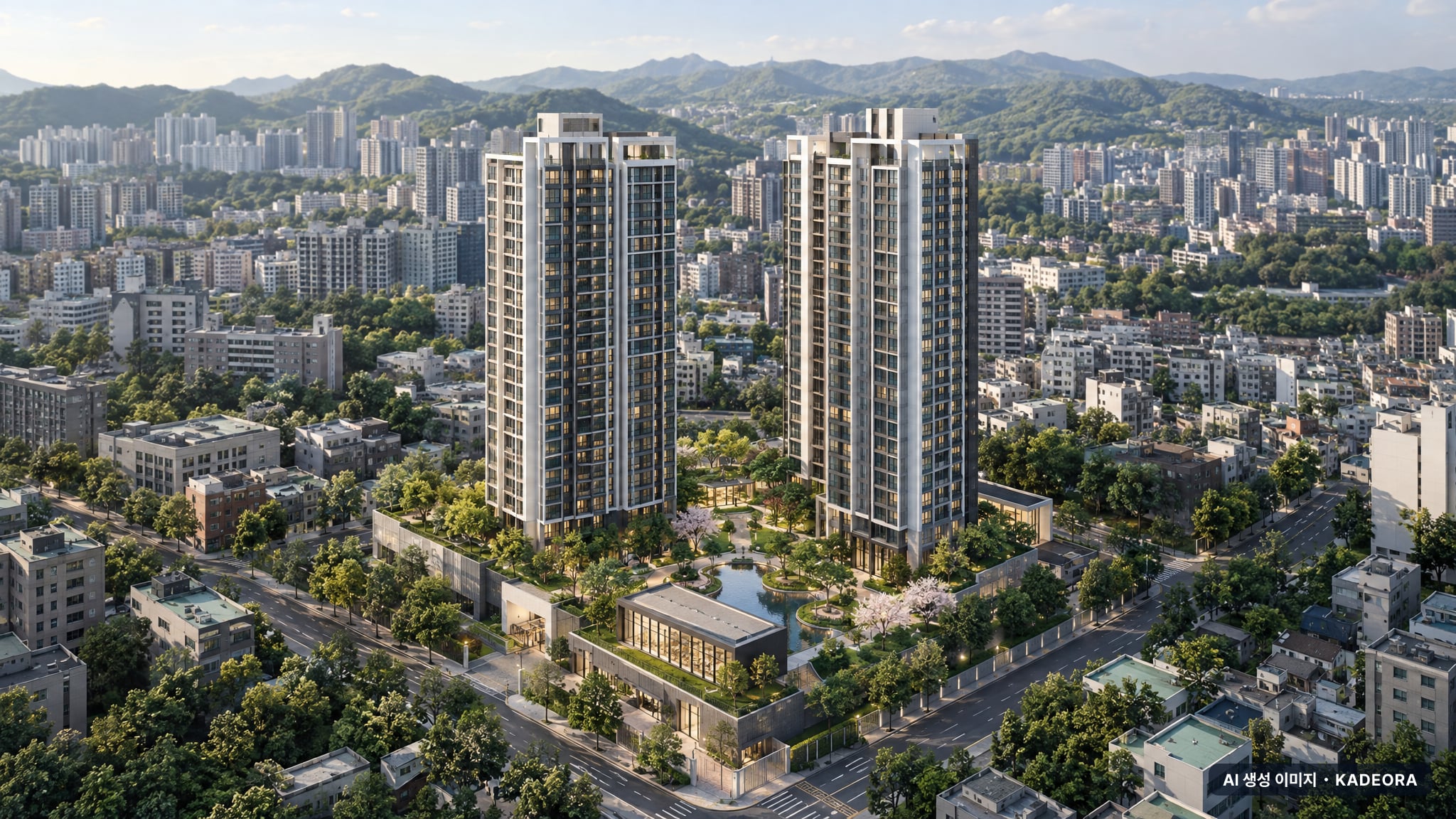 부산 남구 대연1 가로주택정비 조감도 AI 상상도(주간 항공) — 부산 남구 사업시행인가 189세대