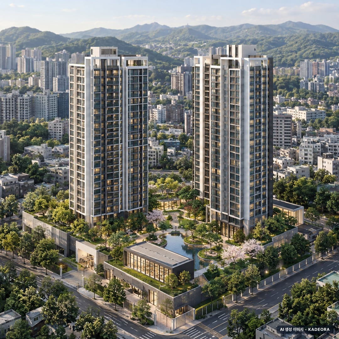 부산 남구 대연1 가로주택정비 조감도 AI 상상도(주간 항공) — 부산 남구 사업시행인가 189세대