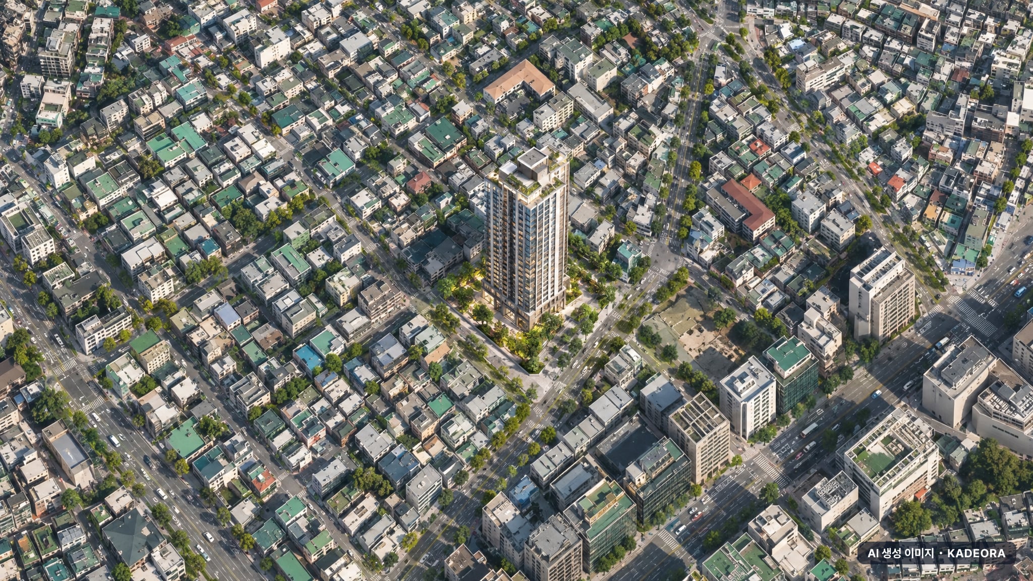 홍대입구역 센트럴 아르떼 해모로 단지 전경 AI 상상도(주간 항공) — 서울 마포구 착공 52세대