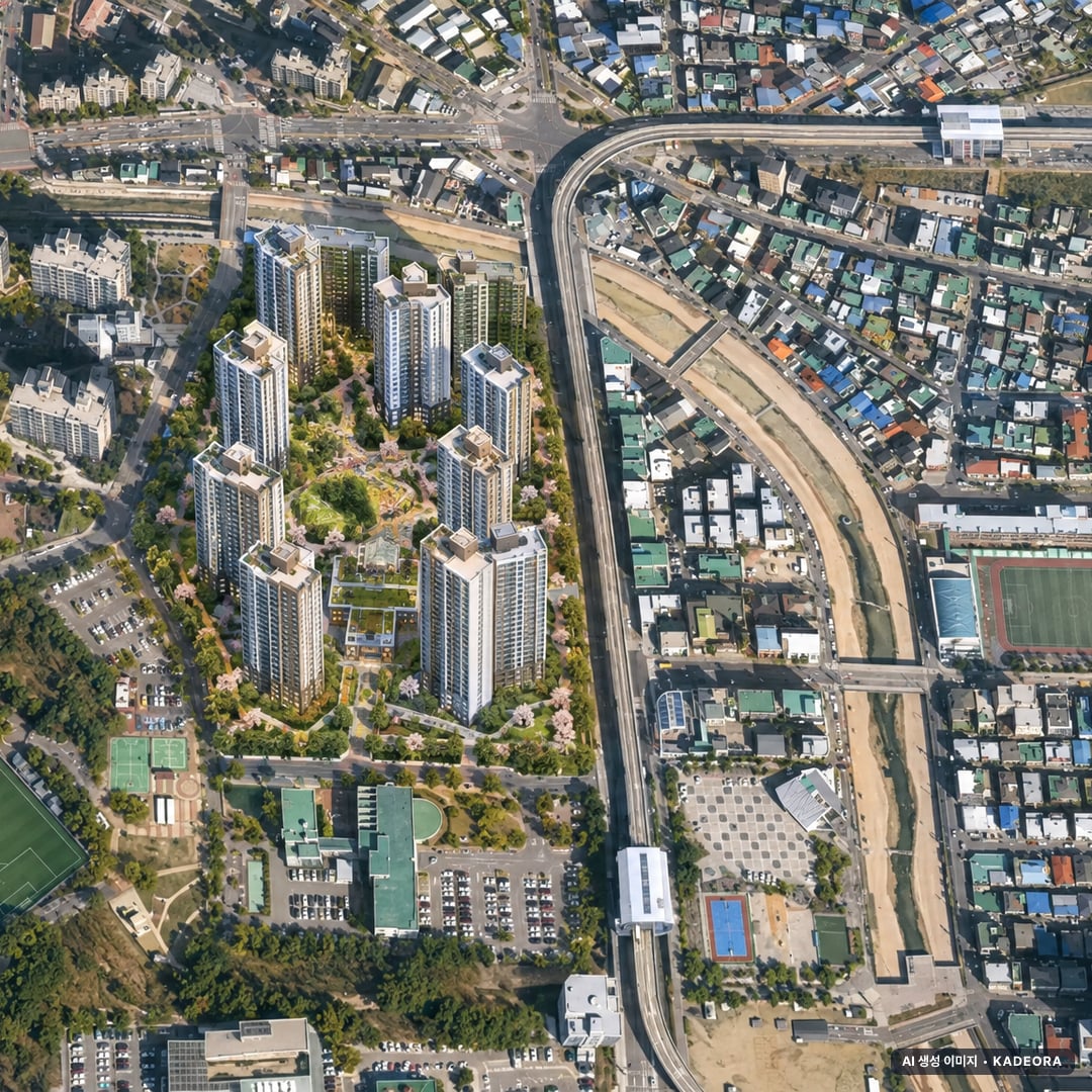 의정부시 가능4구역 조감도 AI 상상도(주간 항공) — 경기 의정부시 부지계획 1,299세대