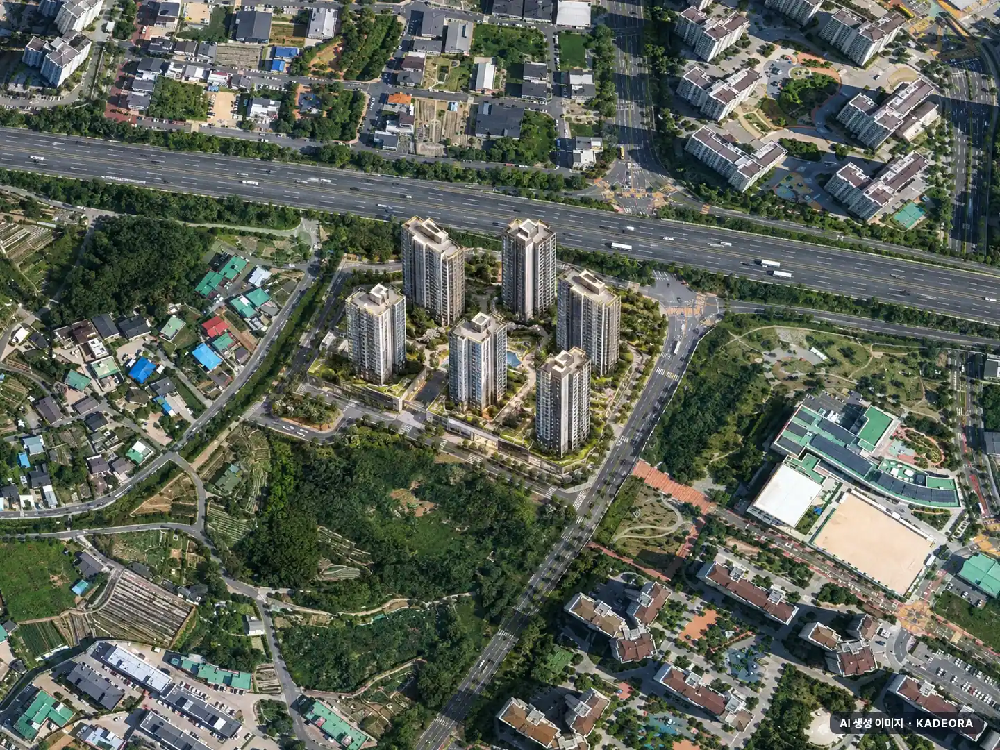 울산 더파크 비스타동원 이번 998세대 공급 기준 AI 상상도(주간 항공) — 실제와 다를 수 있음