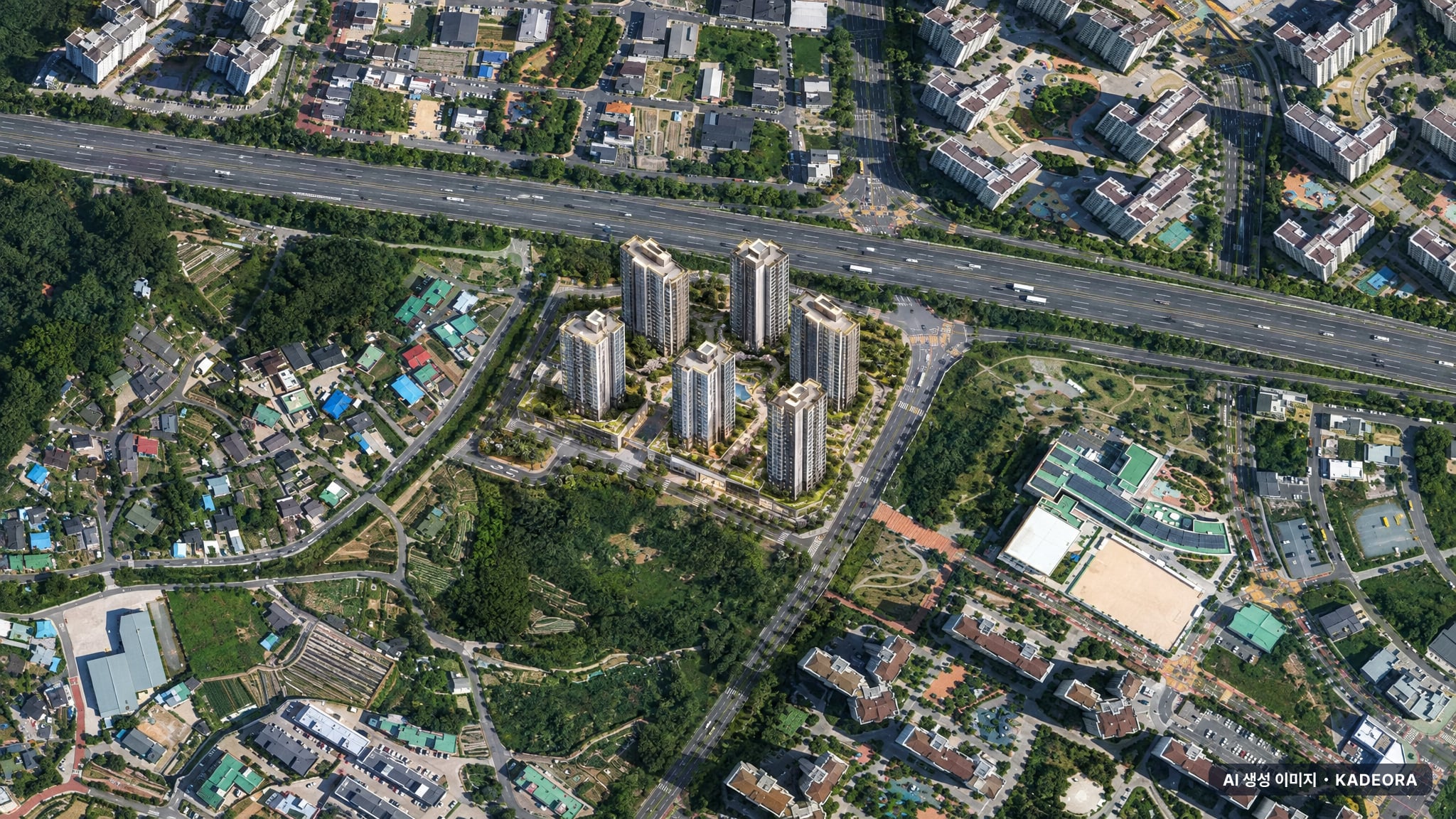 울산 더파크 비스타동원 조감도 AI 상상도(주간 항공) — 울산 북구 분양 예고 998세대