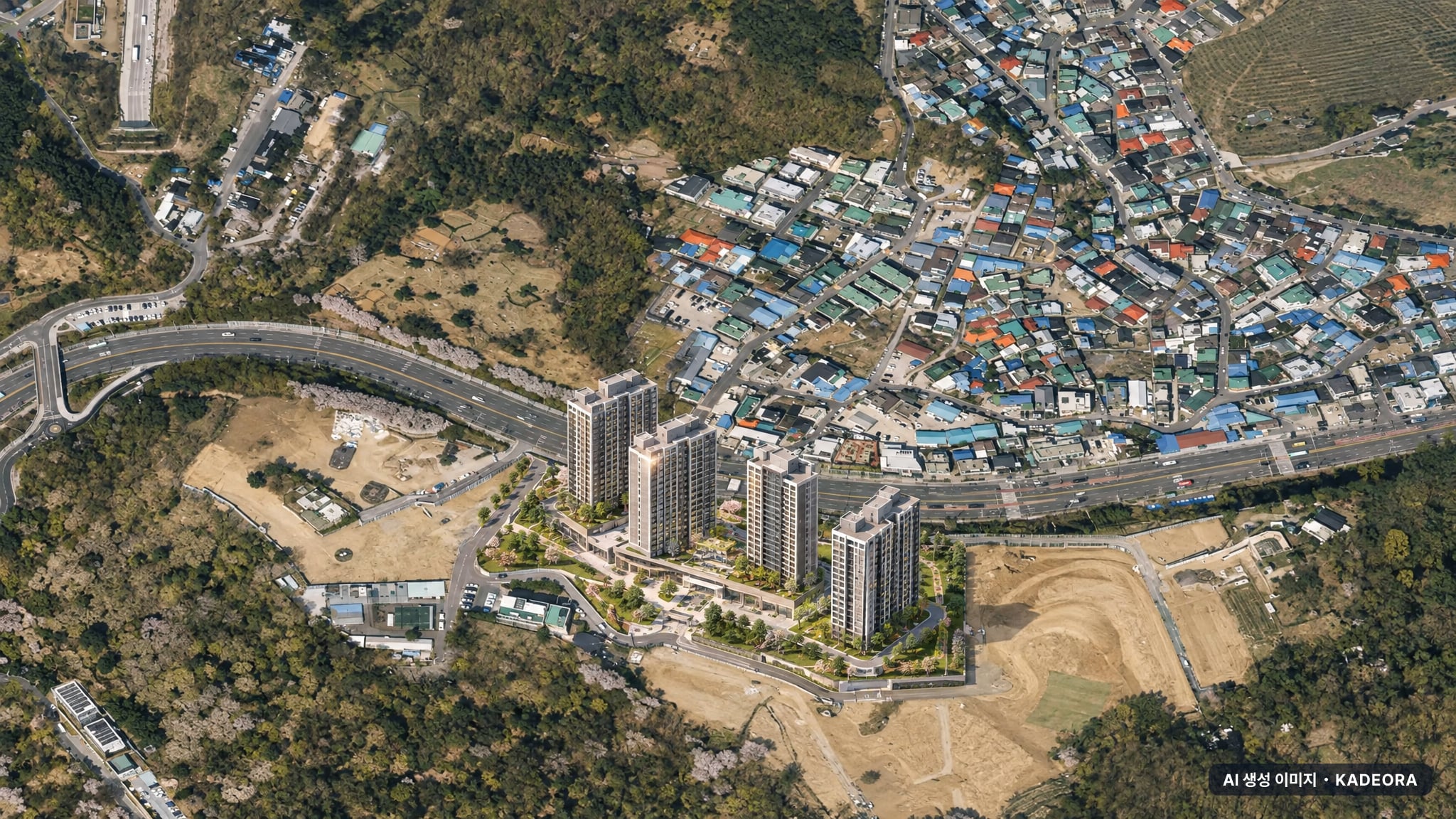 구리시 딸기원2지구 단지 전경 AI 상상도(주간 항공) — 경기 구리시 착공 854세대