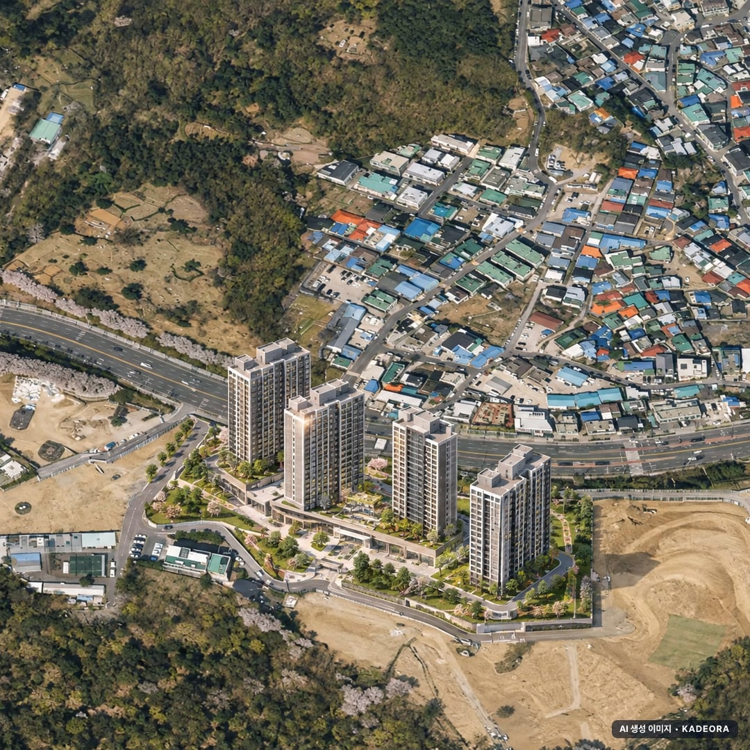 구리시 딸기원2지구 조감도 AI 상상도(주간 항공) — 경기 구리시 착공 854세대