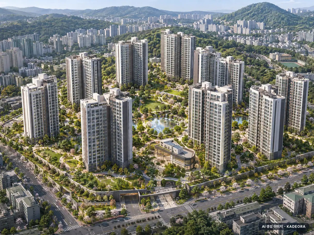 과천시 주공10단지구역 총 1,318세대 기준 AI 상상도 — 실제와 다를 수 있음 과천시 주공10단지구역 총 1,318세대 기준 AI 상상도(주간 항공) — 실제와 다를 수 있음