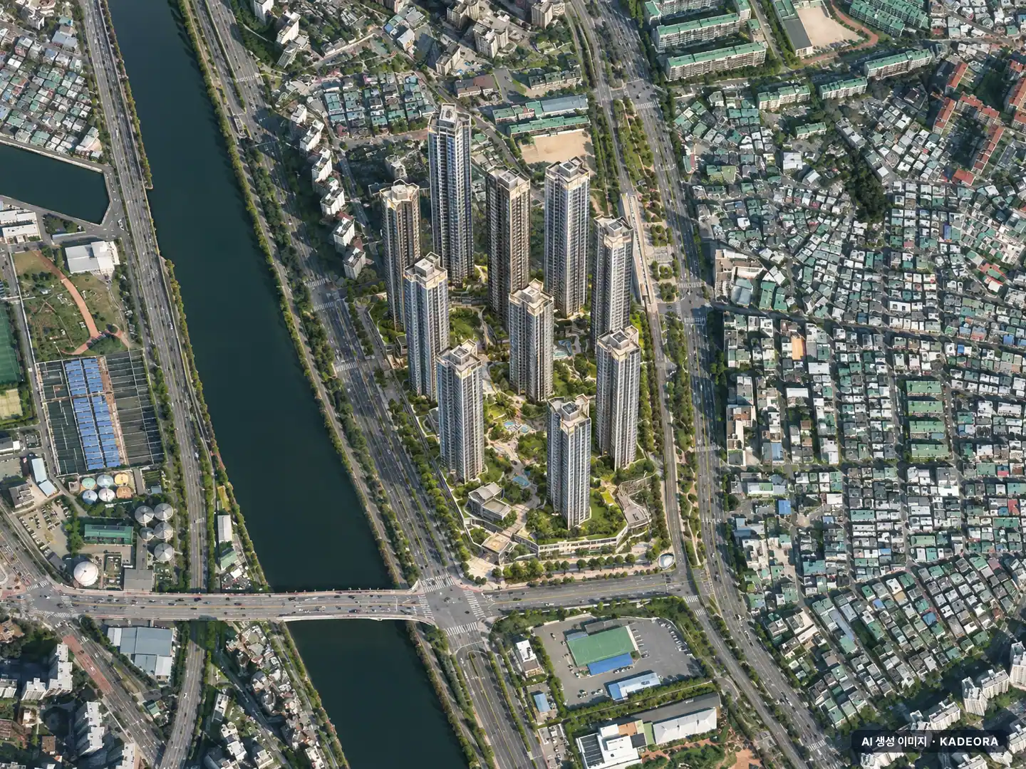 르엘 리버파크 센텀 9개동·최고 67층·총 2,070세대 기준 AI 상상도(주간 항공) — 실제와 다를 수 있음