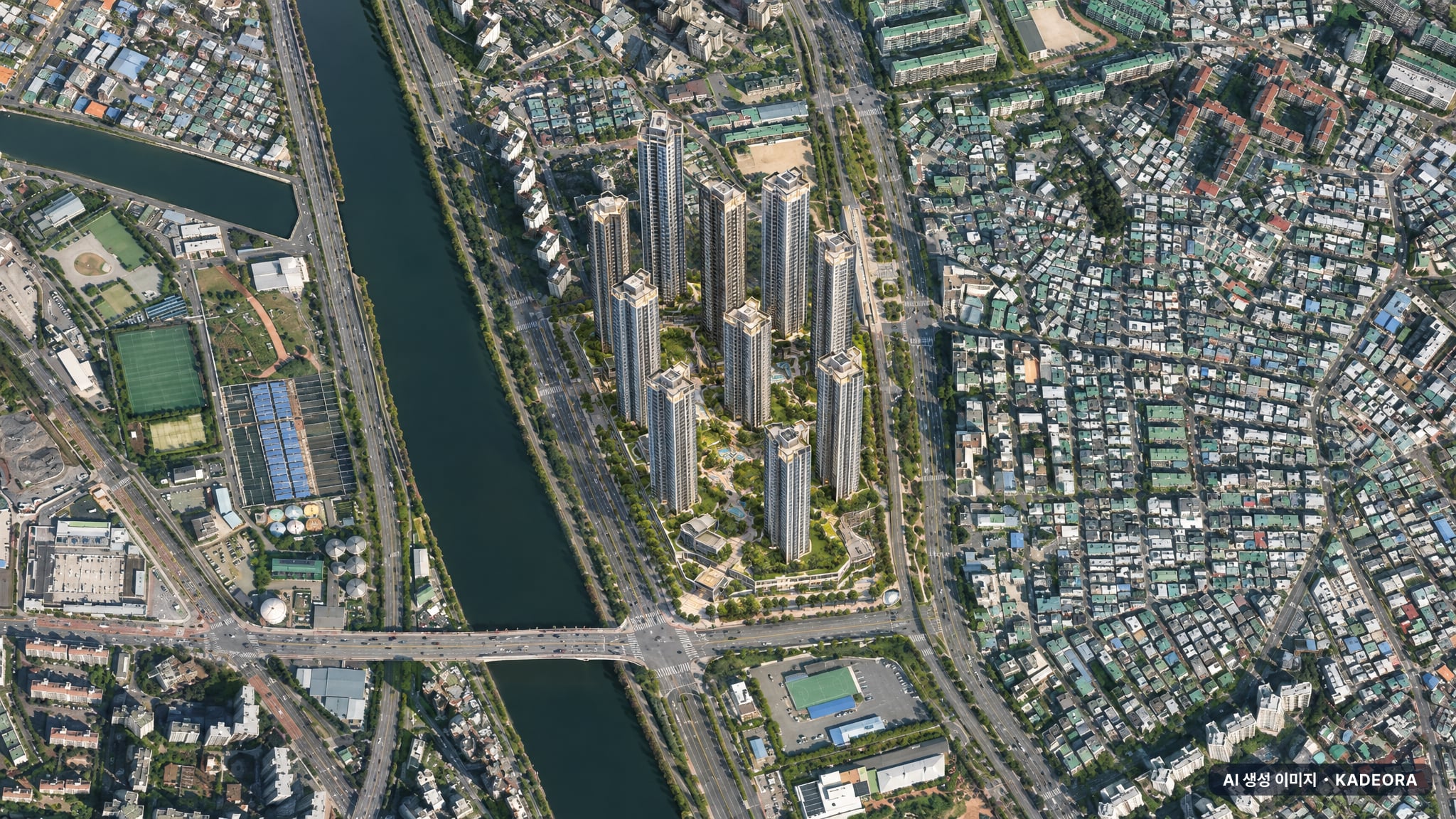 르엘 리버파크 센텀 단지 전경 AI 상상도(주간 항공) — 부산 해운대구 착공 2,070세대