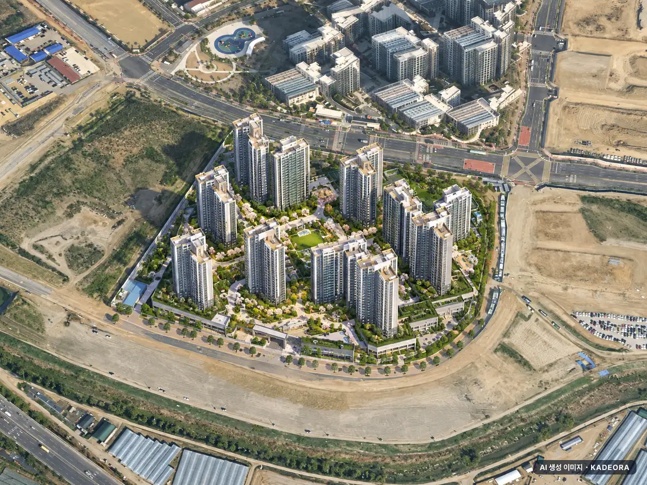 고양 장항 제일풍경채 6개동·이번 1,184세대 공급 기준 AI 상상도(주간 항공) — 실제와 다를 수 있음
