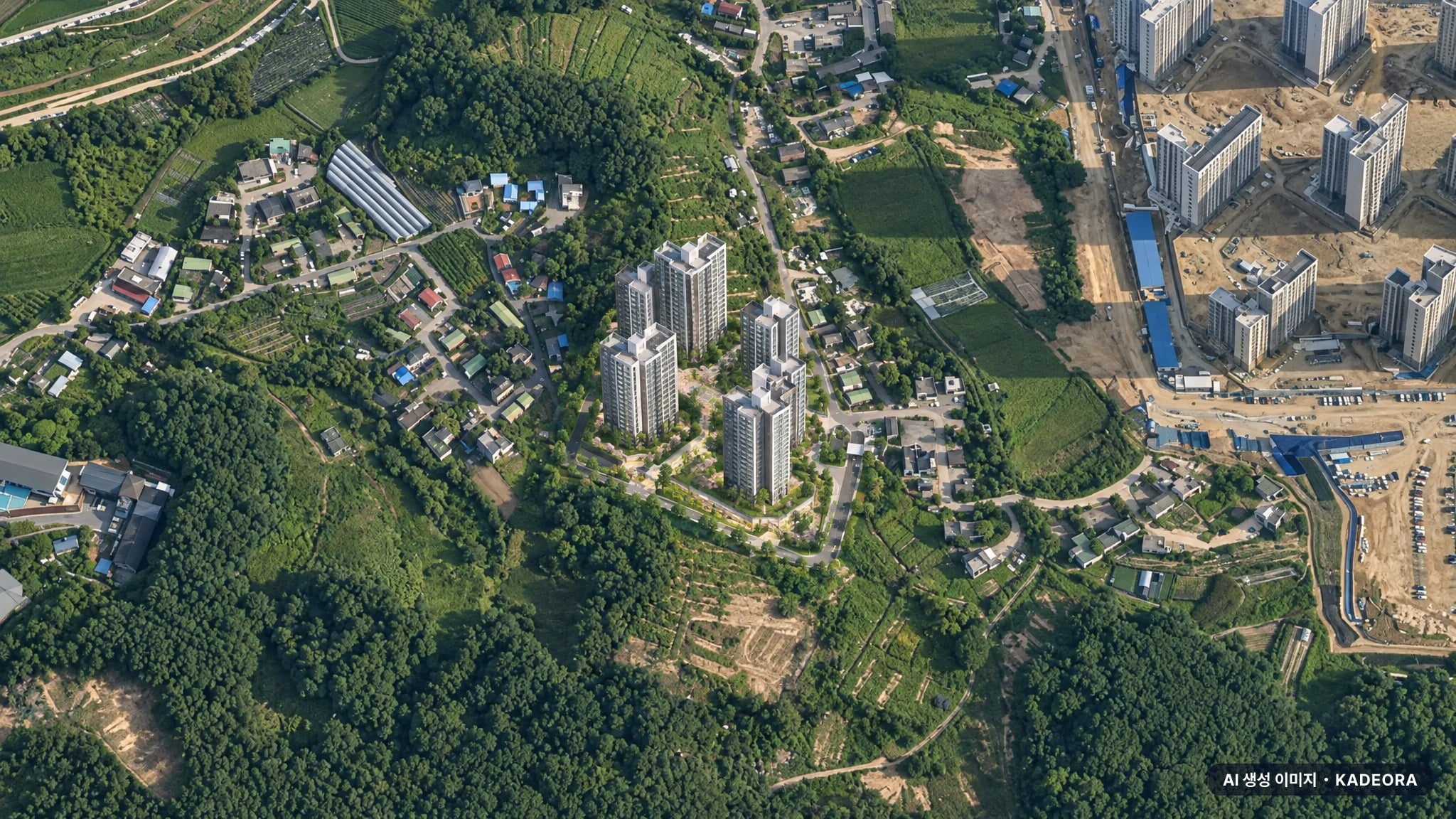 도안자이 센텀리체 2단지 주간 항공 상상도 · AI 생성 이미지로 실제와 다를 수 있음 도안자이 센텀리체 2단지 단지 전경 AI 상상도(주간 항공) — 대전 유성구 착공 834세대