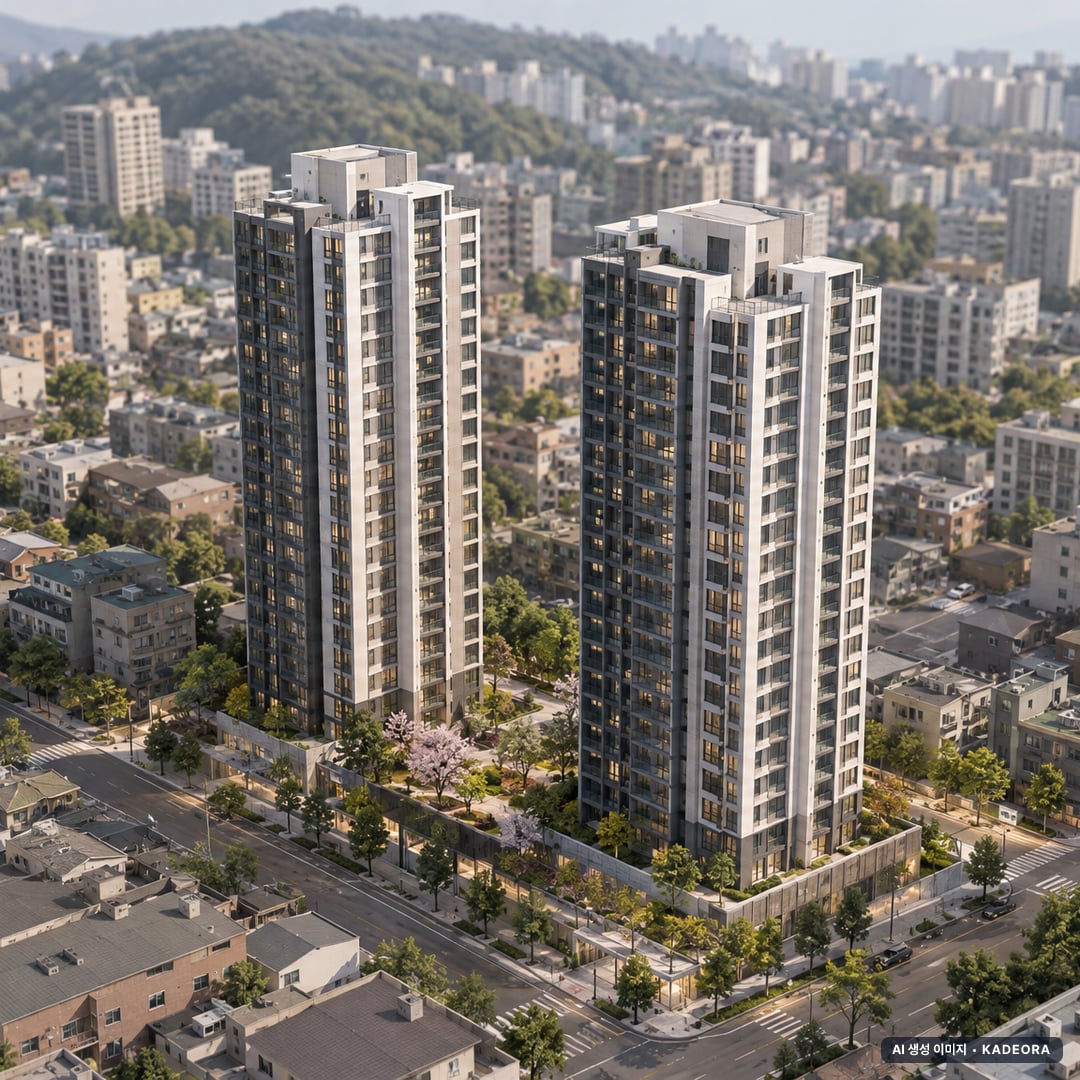 한화포레나 영흥숲 2개동·최고 20층·총 157세대(이번 1세대 공급) 기준 AI 상상도(주간 항공) — 실제와 다를 수 있음