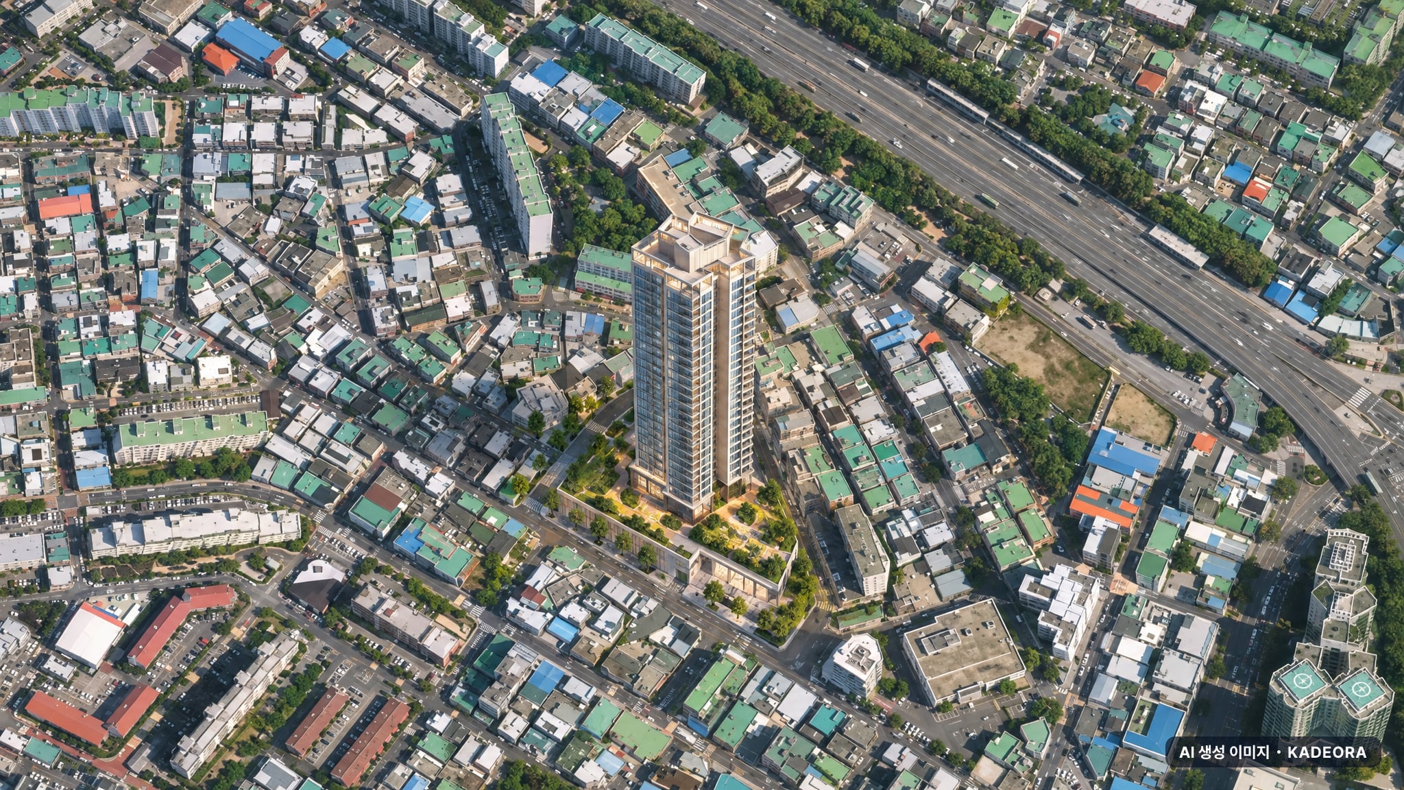 무거 비스타동원 주간 항공 상상도 · AI 생성 이미지로 실제와 다를 수 있음 무거 비스타동원 단지 전경 AI 상상도(주간 항공) — 울산 남구 착공 481세대