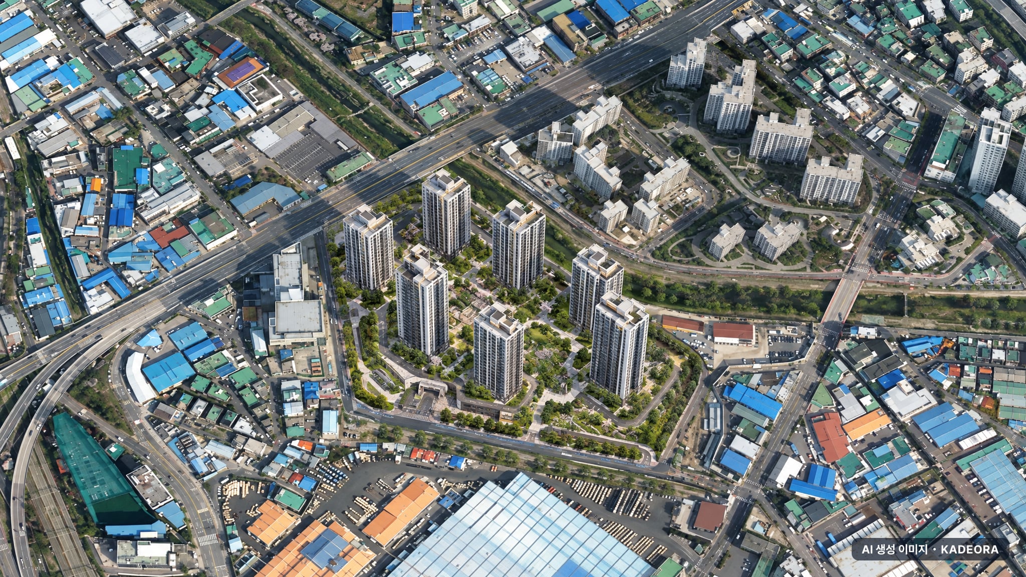 금정역 푸르지오 그랑블 단지 전경 AI 상상도(주간 항공) — 경기 군포시 착공 1,072세대
