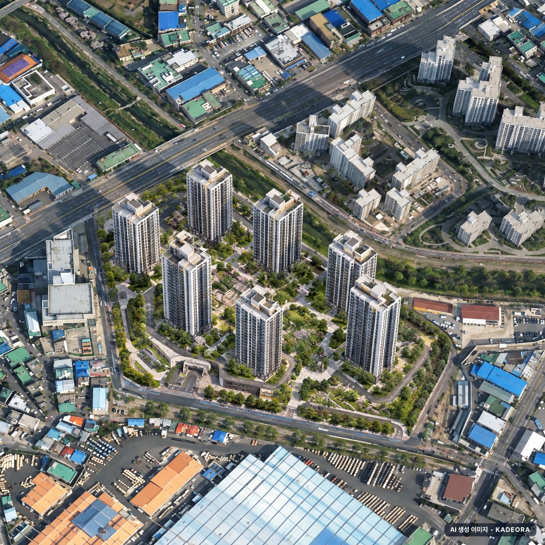 금정역 푸르지오 그랑블 단지 전경 AI 상상도(주간 항공) — 경기 군포시 착공 1,072세대