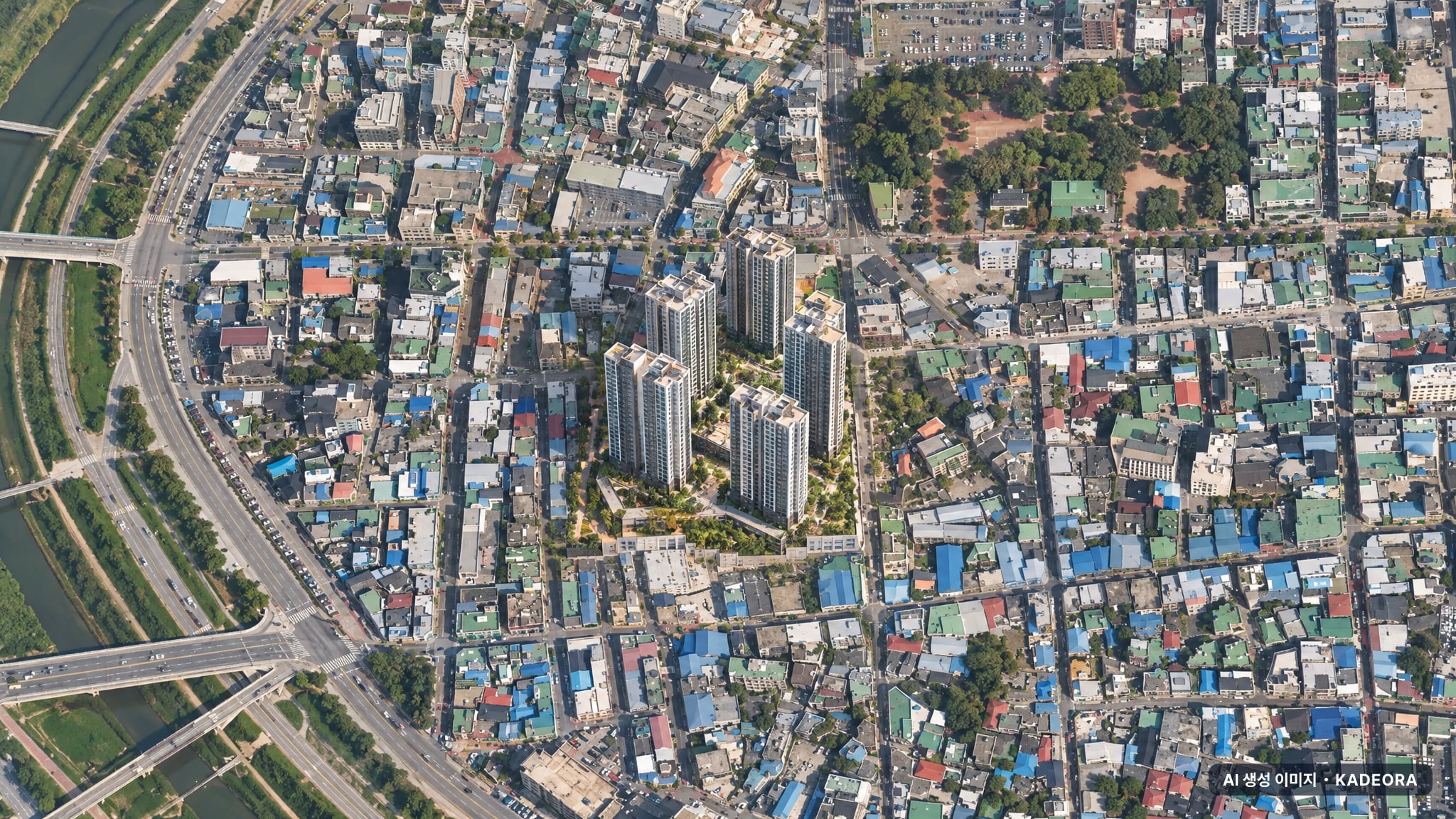 청주 남주 대원칸타빌 더 시엘 주간 항공 상상도 · AI 생성 이미지로 실제와 다를 수 있음 청주 남주 대원칸타빌 더 시엘 단지 전경 AI 상상도(주간 항공) — 충북 청주시 착공 460세대