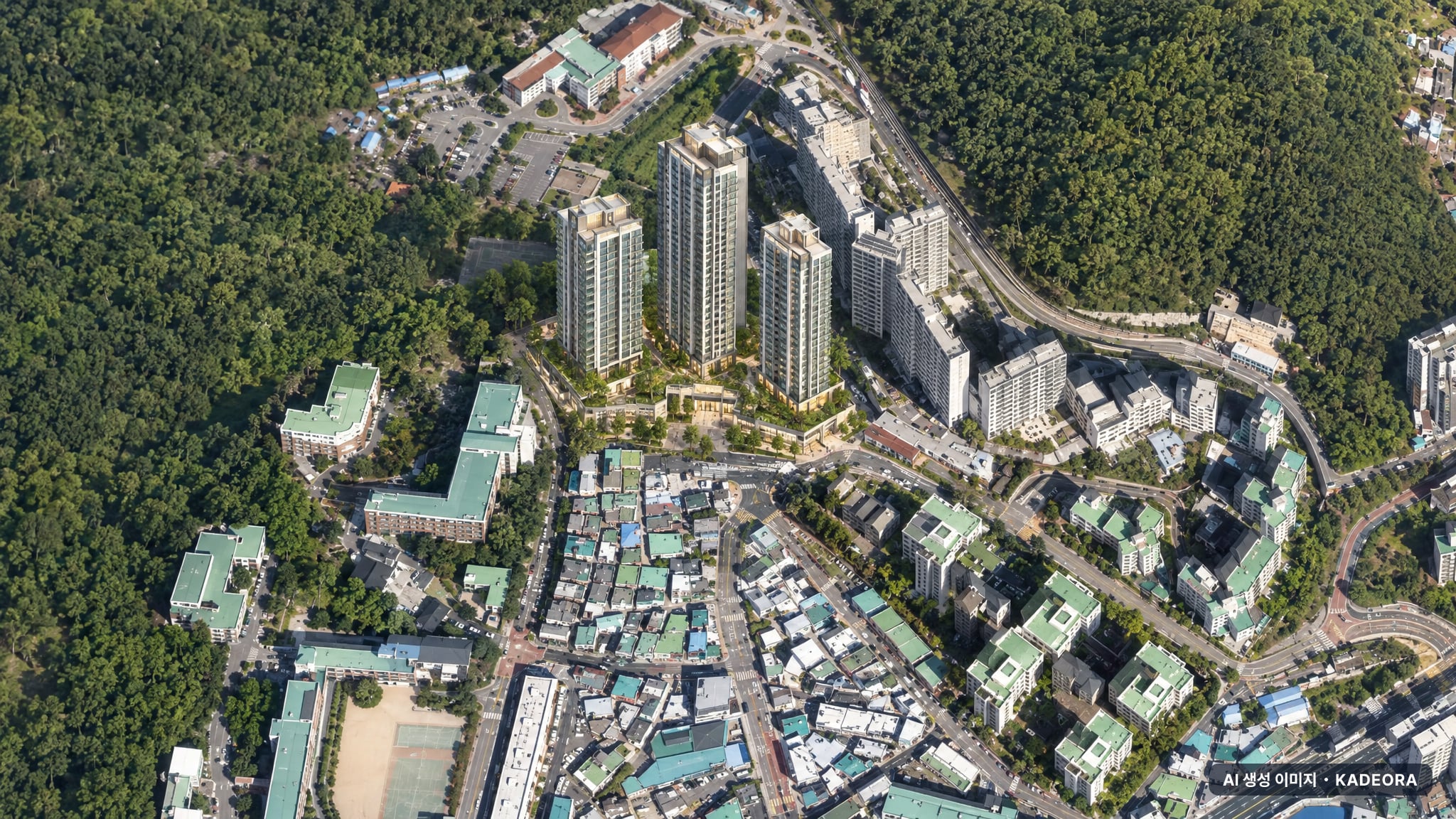 부산 사하구 괴정1 가로주택정비 조감도 AI 상상도(주간 항공) — 부산 사하구 사업시행인가 205세대