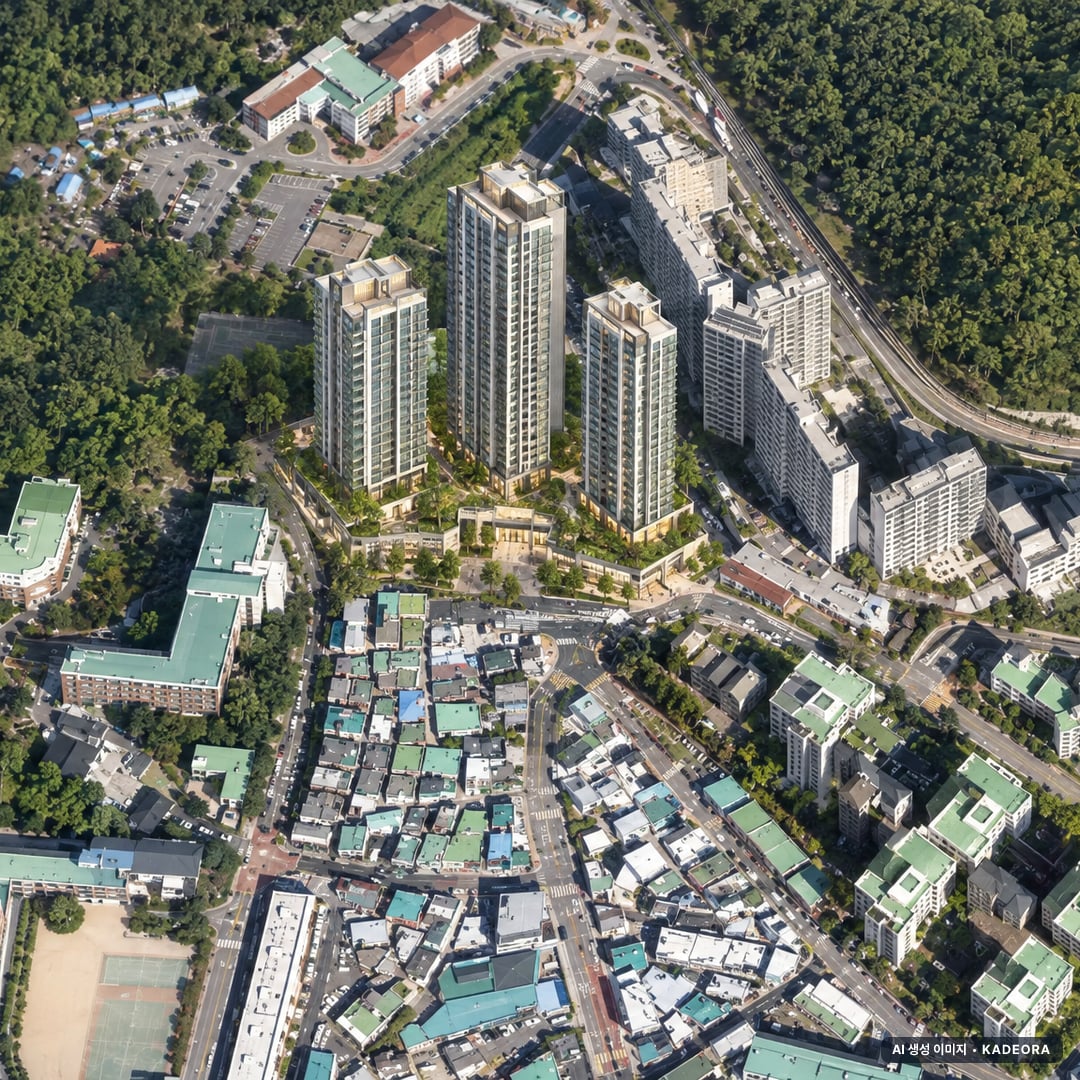 부산 사하구 괴정1 가로주택정비 조감도 AI 상상도(주간 항공) — 부산 사하구 사업시행인가 205세대