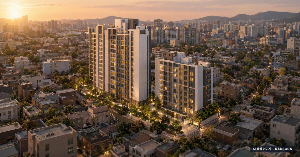 부산 사하구 괴정1 가로주택정비 총 205세대 기준 AI 상상도 — 실제와 다를 수 있음 부산 사하구 괴정1 가로주택정비 총 205세대 기준 AI 상상도(노을 항공) — 실제와 다를 수 있음