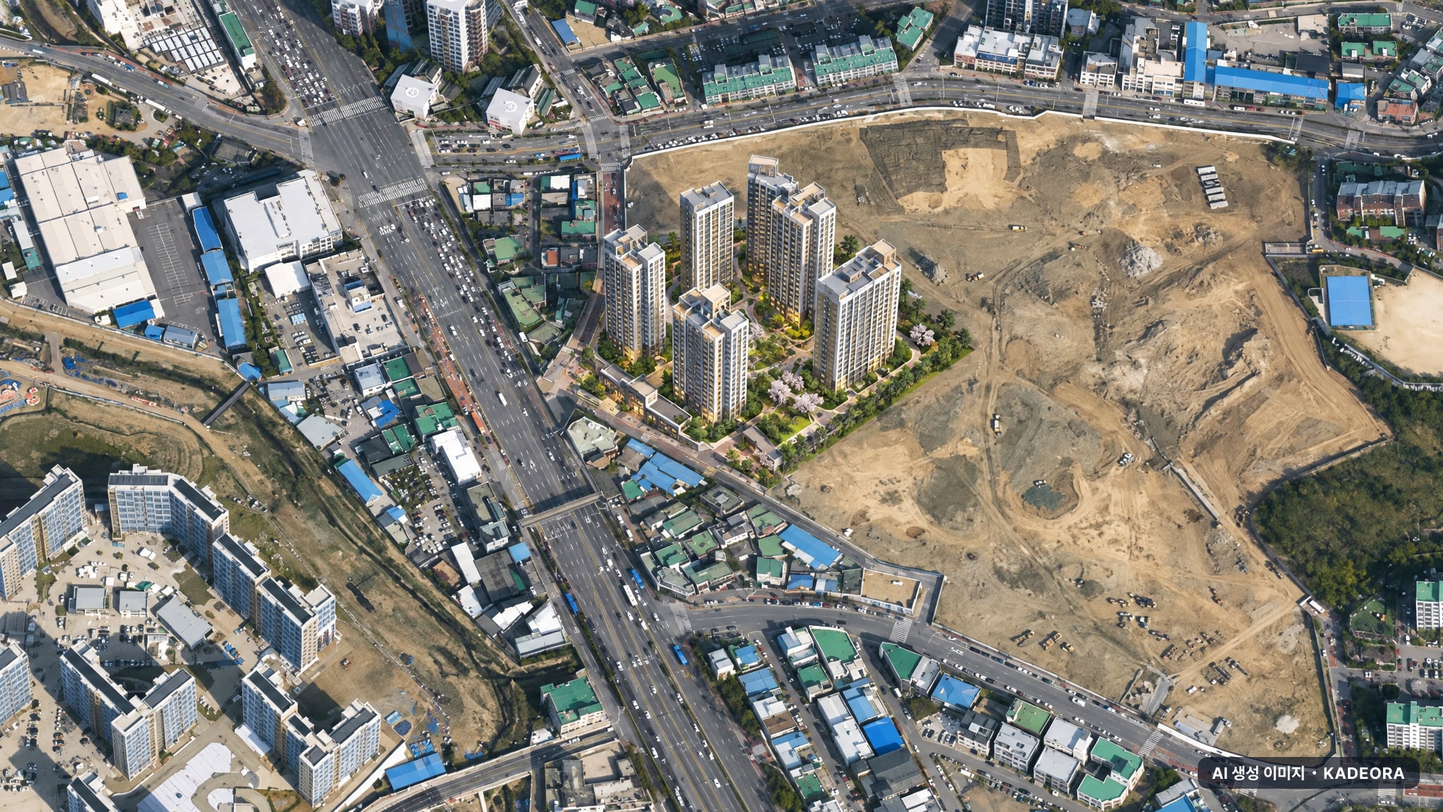 의왕시 고천가구역 단지 전경 AI 상상도(주간 항공) — 경기 의왕시 관리처분인가 929세대