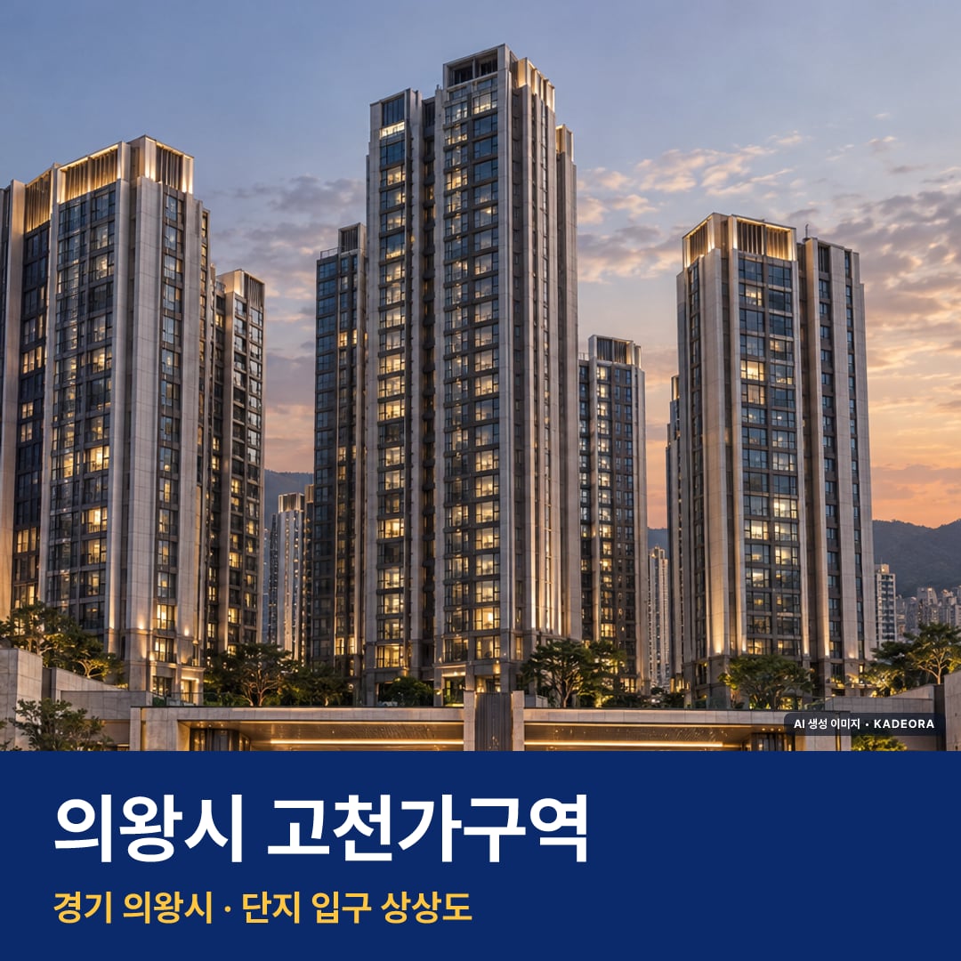 의왕시 고천가구역 재개발 의왕시 고천가구역 단지 전경 AI 상상도 — 의왕시 고천동 929세대 — AI 생성 상상도 · 실제와 다를 수 있음