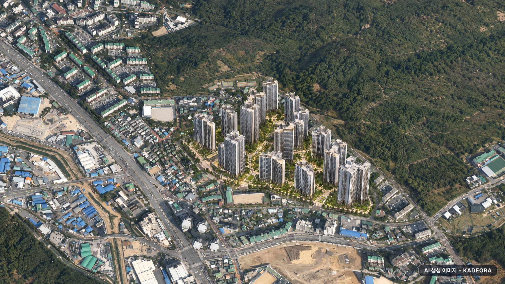 의왕시 오전다구역 조감도 AI 상상도(주간 항공) — 경기 의왕시 관리처분인가 3,047세대