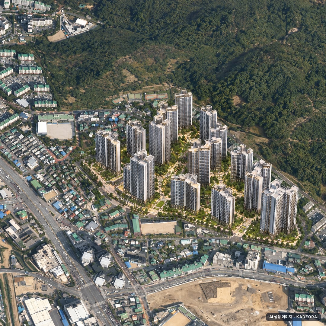 의왕시 오전다구역 조감도 AI 상상도(주간 항공) — 경기 의왕시 관리처분인가 3,047세대