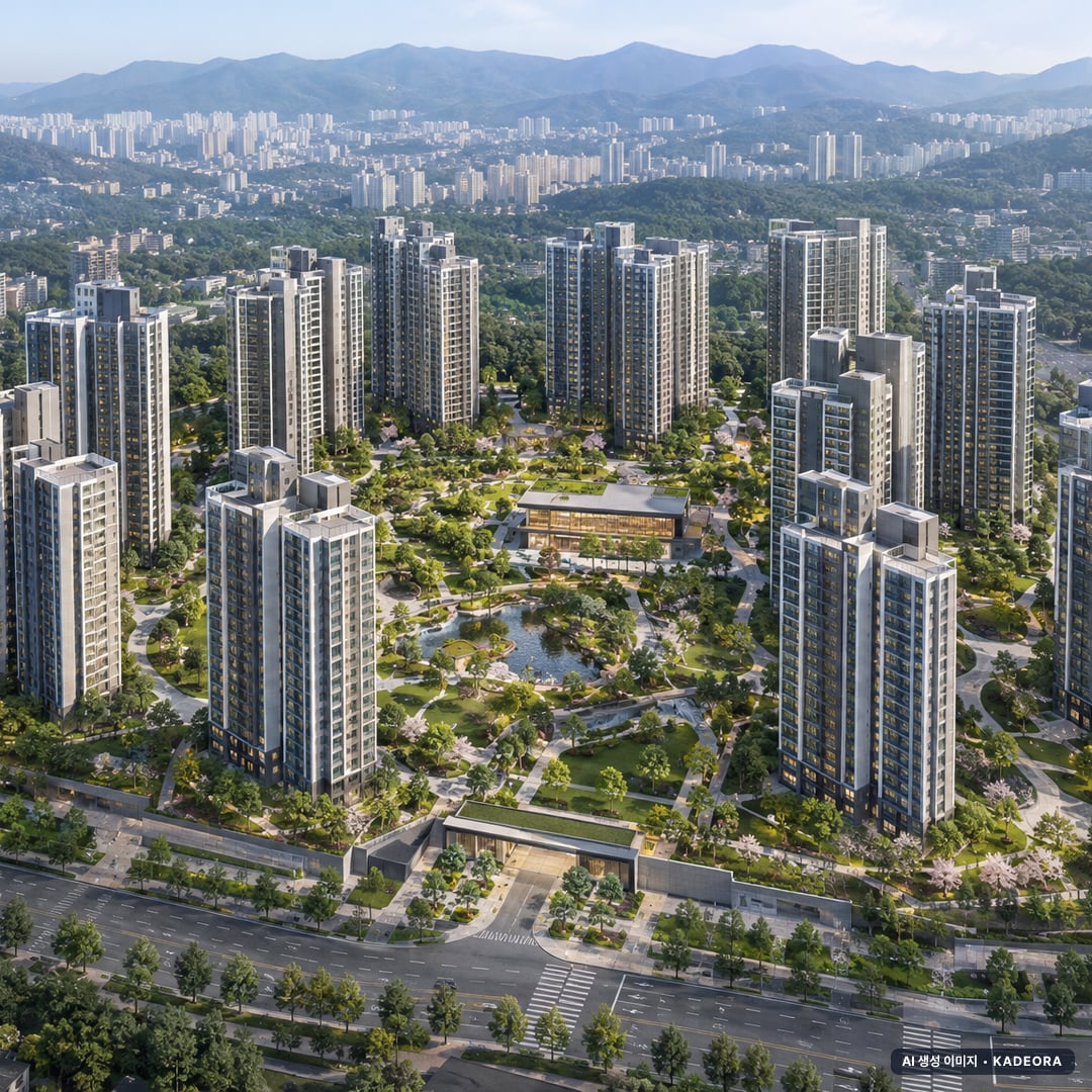 트리븐 센텀 총 1,644세대 기준 AI 상상도(주간 항공) — 실제와 다를 수 있음