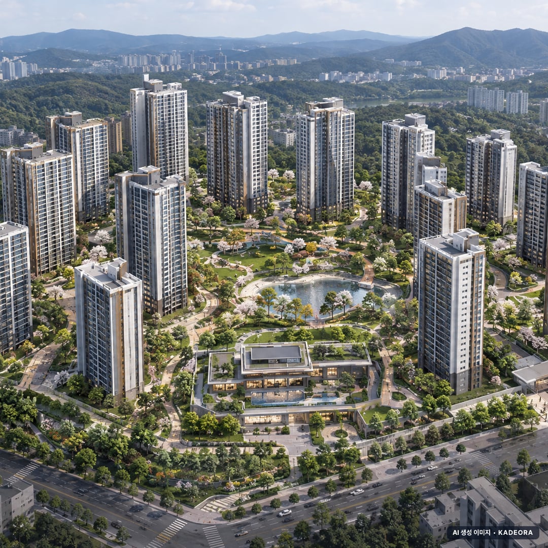 트리븐 센텀 총 1,644세대 기준 AI 상상도(주간 항공) — 실제와 다를 수 있음