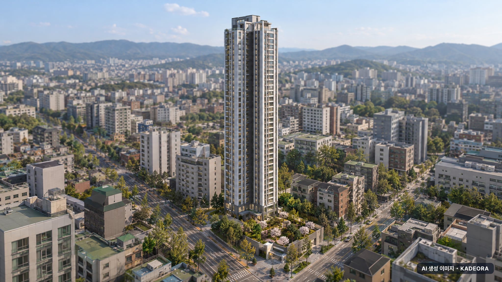 힐스테이트 선암호수공원 2단지 1개동·최고 43층·총 193세대 기준 AI 상상도(주간 항공) — 실제와 다를 수 있음