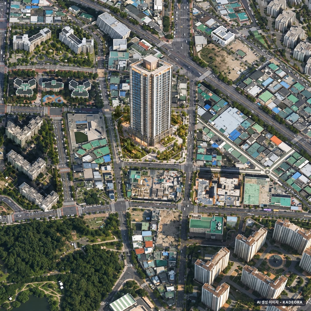 힐스테이트 선암호수공원 2단지 단지 전경 AI 상상도(주간 항공) — 울산 남구 착공 193세대