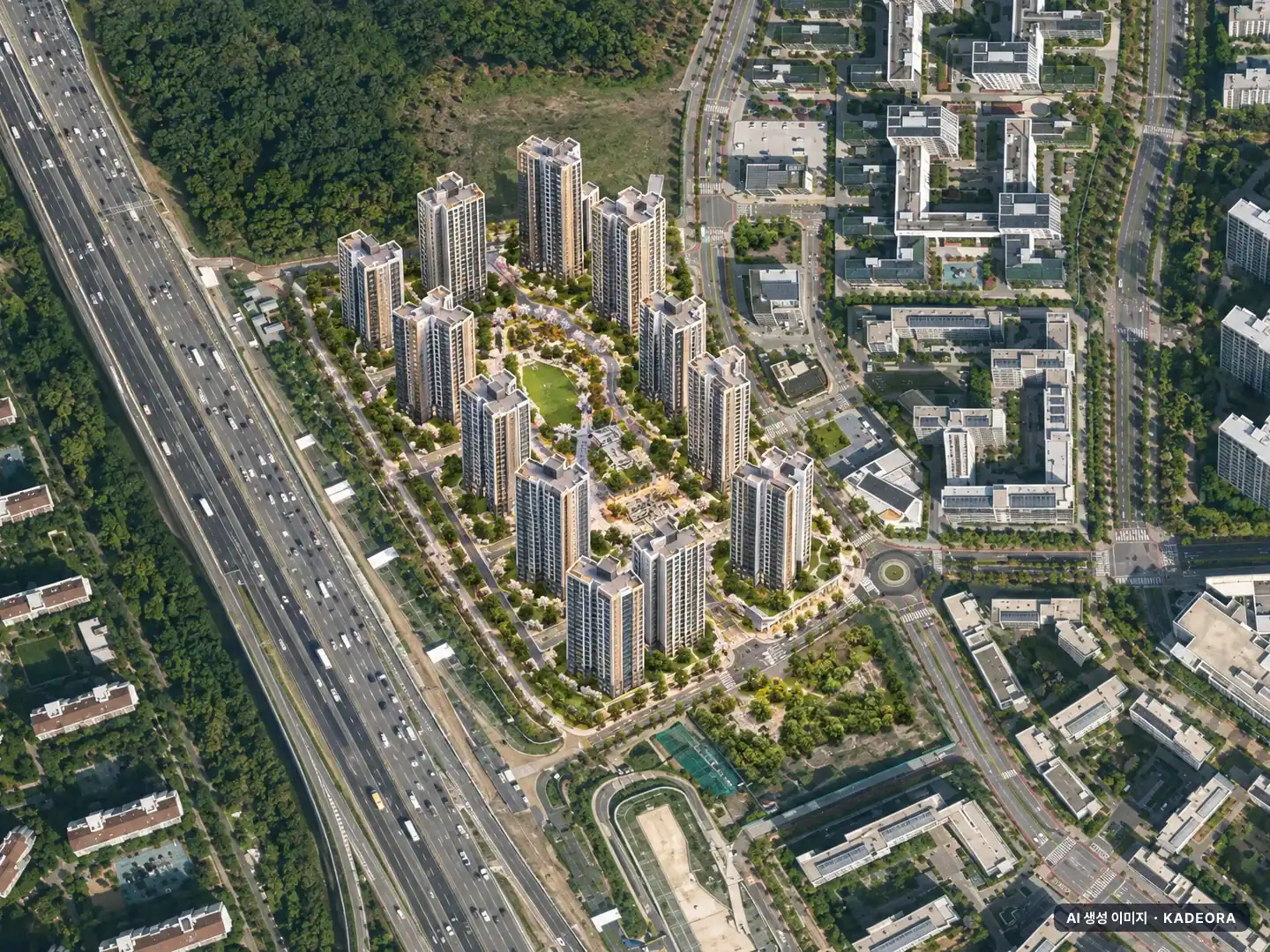 고덕강일 대성베르힐 13개동·최고 15층·총 613세대 기준 AI 상상도 — 실제와 다를 수 있음 고덕강일 대성베르힐 13개동·최고 15층·총 613세대 기준 AI 상상도(주간 항공) — 실제와 다를 수 있음