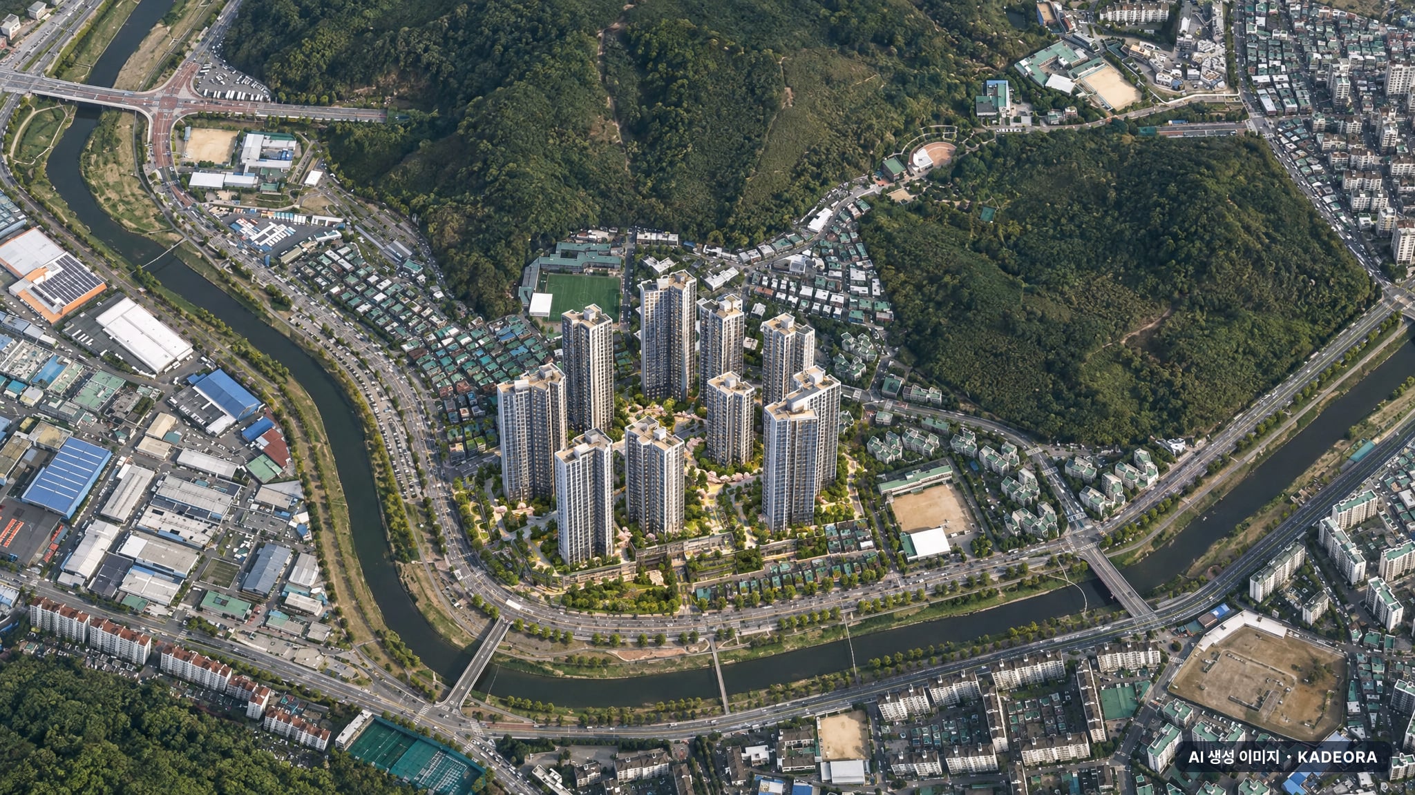 안양시 충훈부 일원 단지 전경 AI 상상도(주간 항공) — 경기 안양시 부지계획 2,361세대