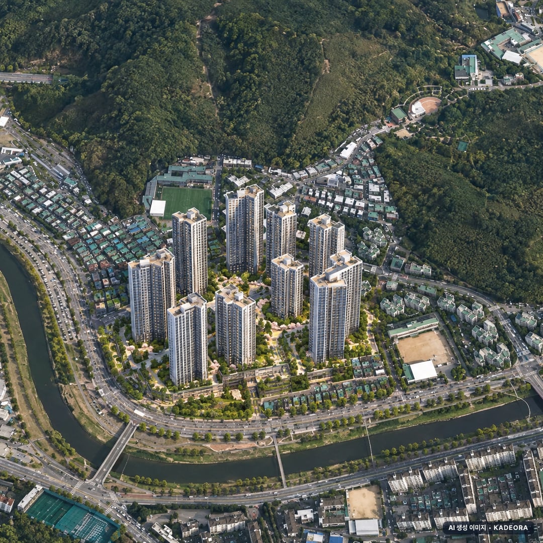 안양시 충훈부 일원 조감도 AI 상상도(주간 항공) — 경기 안양시 부지계획 2,361세대