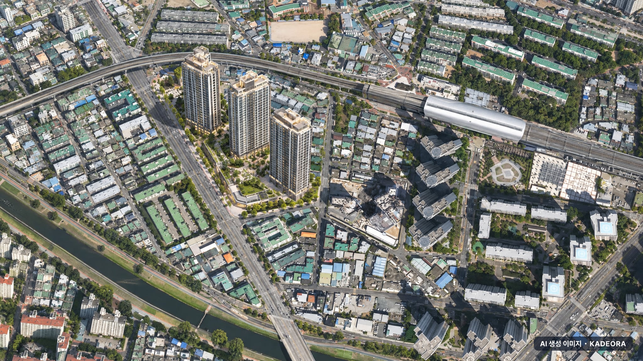 동래 반도 유보라 단지 전경 AI 상상도(주간 항공) — 부산 동래구 착공 400세대