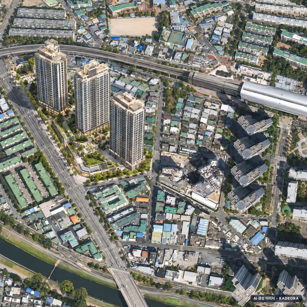 동래 반도 유보라 단지 전경 AI 상상도(주간 항공) — 부산 동래구 착공 400세대
