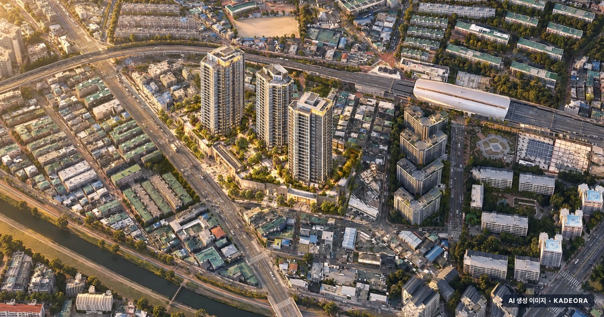 동래 반도 유보라 3개동·최고 42층·총 400세대 기준 AI 상상도 — 실제와 다를 수 있음 동래 반도 유보라 3개동·최고 42층·총 400세대 기준 AI 상상도(노을 항공) — 실제와 다를 수 있음