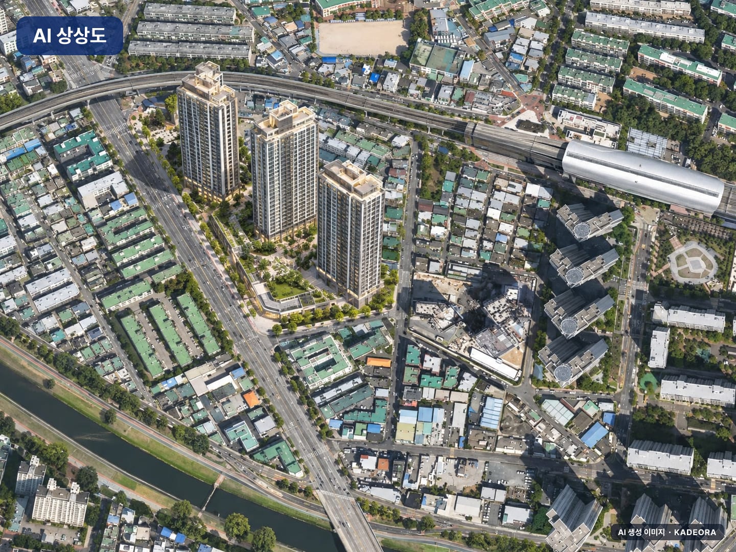 동래 반도 유보라 단지 전경 AI 상상도(주간 항공) — 부산 동래구 착공 400세대