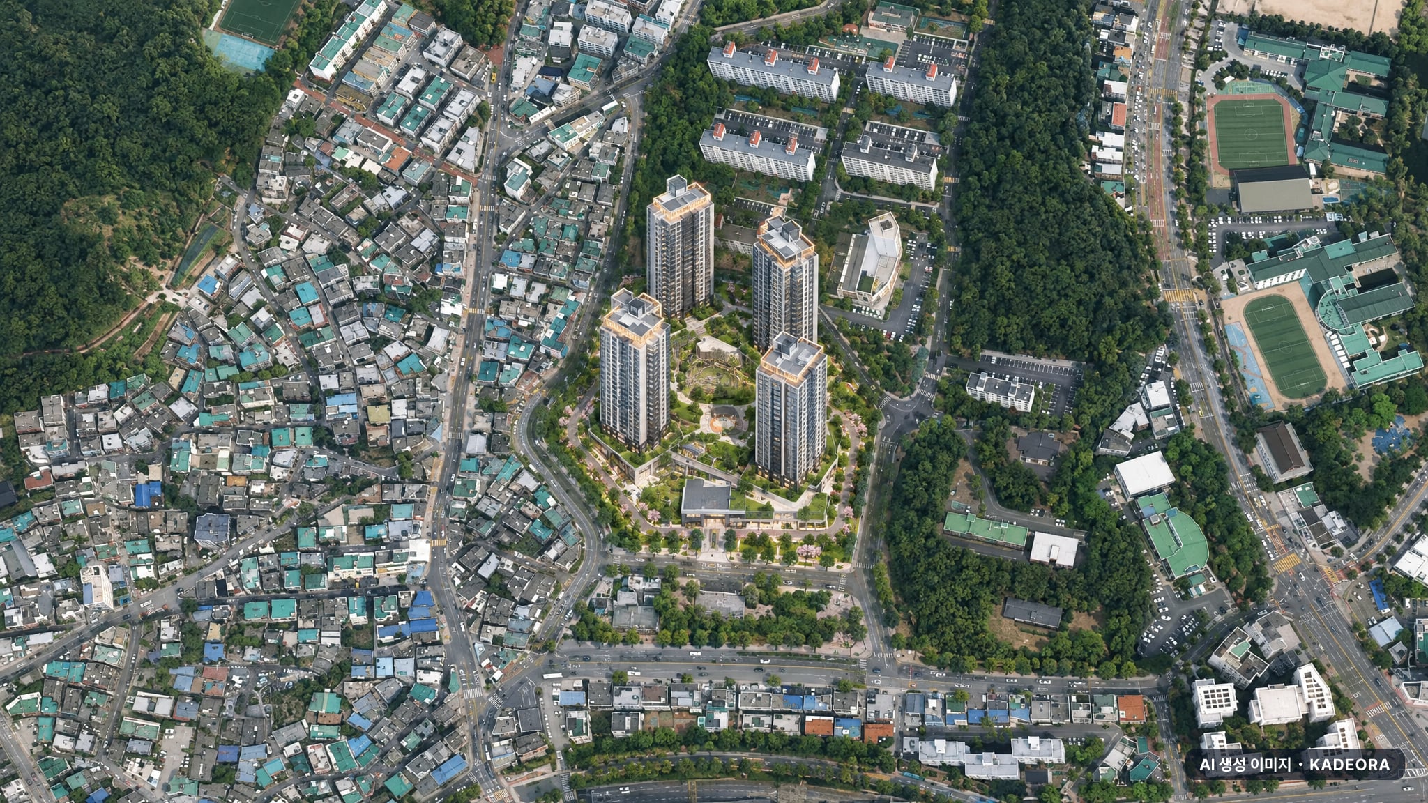 좌동1360번지 공동주택 조감도 AI 상상도(주간 항공) — 부산 해운대구 분양 예고 534세대