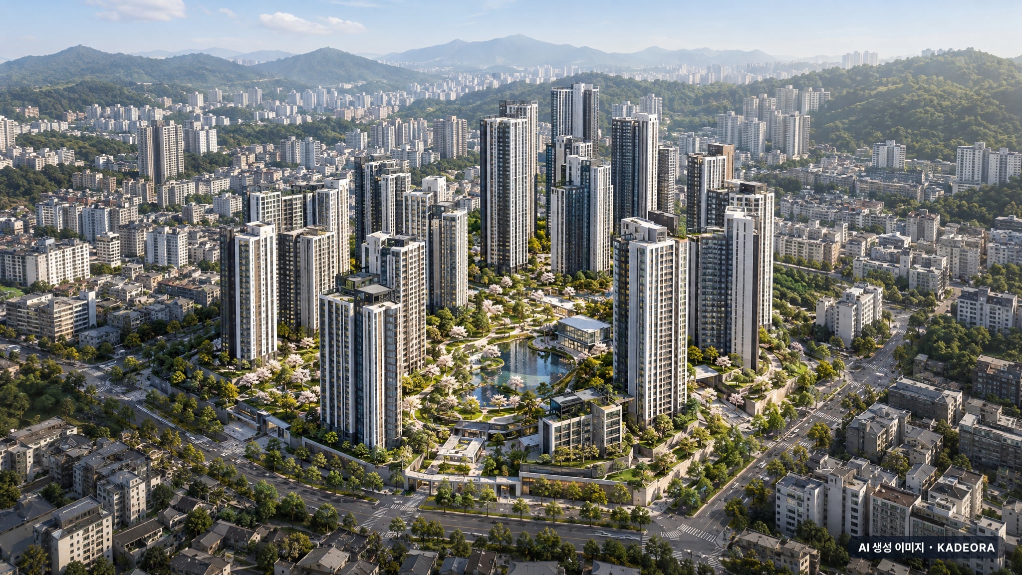 경기 안산 고잔동 재건축 주간 항공 상상도 · AI 생성 이미지로 실제와 다를 수 있음 경기 안산 고잔동 재건축 조감도 AI 상상도(주간 항공) — 경기 안산시 단원구 사업시행인가 2,900세대
