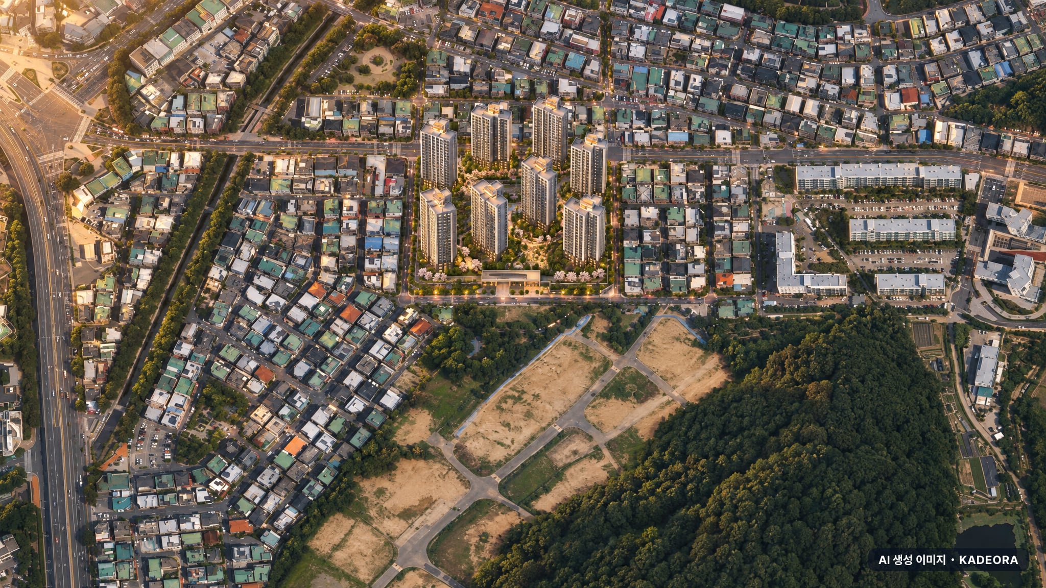 한화포레나 울산무거 노을 항공 상상도 · AI 생성 이미지로 실제와 다를 수 있음 한화포레나 울산무거 단지 전경 AI 상상도(노을 항공) — 울산 남구 착공 816세대