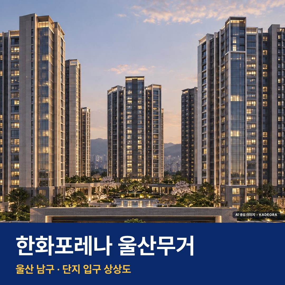 한화포레나 울산무거 재개발 한화포레나 울산무거 단지 전경 AI 상상도 — 남구 무거동 816세대 — AI 생성 상상도 · 실제와 다를 수 있음