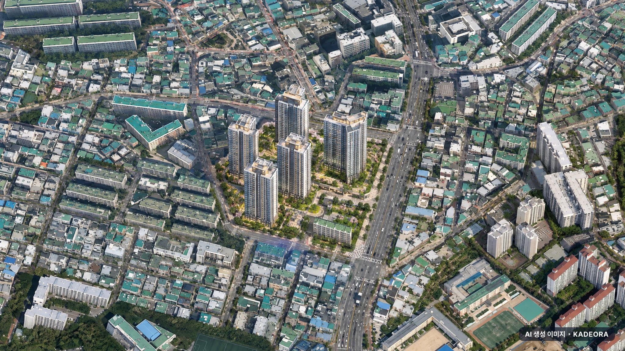 부산 사하구 괴정6 재개발 조감도 AI 상상도(주간 항공) — 부산 사하구 조합설립 692세대