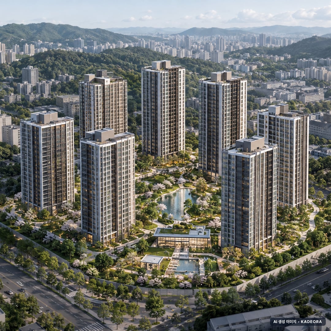 회천중앙역 로제비앙 그랜드센텀 단지 전경 AI 상상도(주간 항공) — 경기 양주시 착공 642세대